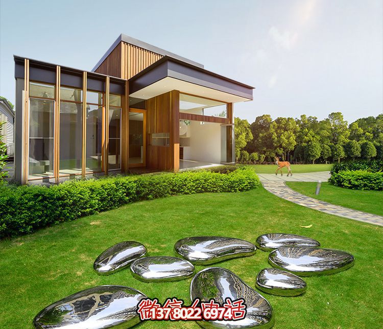高端室內(nèi)草坪裝飾，不銹鋼雕塑鏡面石頭安放